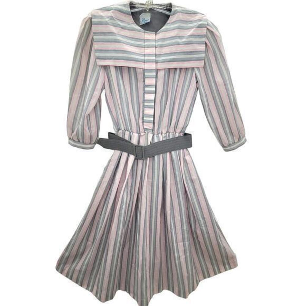 PRAGO Fashion Inc Striped Sailor Collar Belted Short Sleeve Fit n‎ Flare Dress